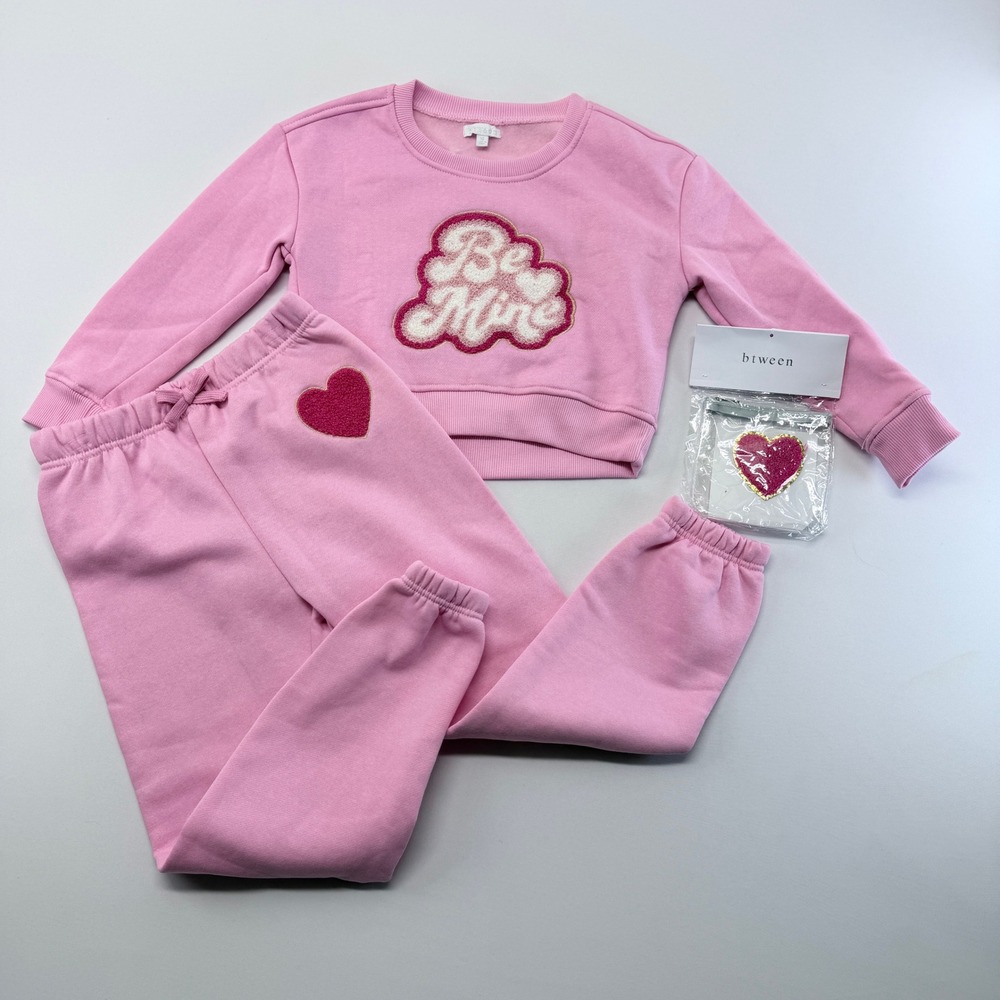 Btween Girls Pink Be Mine Heart Chenille Patch Fleece Sweatsuit Set Size 8